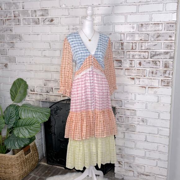 Love Shack Fancy Romantic Cottage Core Plaid Midi Puff Sleeve Ruffle Dress 8 - Picture 3 of 13